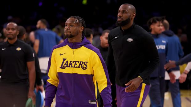 LeBron James and Bronny James of the Los Angeles Lakers