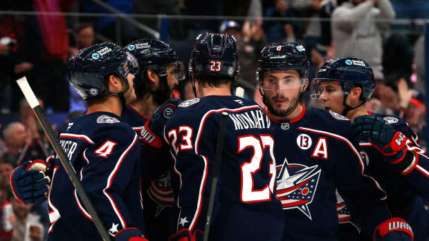 Columbus Blue Jackets defenseman Ivan Provorov (9) celebrates his goal against the Winnipeg Jets.