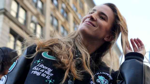 Sabrina Ionescu, of the New York Liberty is shown during the ticker-tape parade, Thursday, October 24, 2024, in Manhattan.