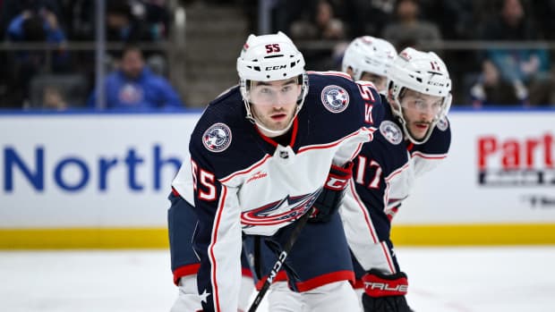 Columbus Blue Jackets defenseman David Jiricek (55) during a game against the New York Islanders.