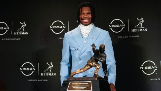 Colorado Buffaloes wide receiver/cornerback Travis Hunter poses for a photo during a press conference before the 2024 Heisman Trophy Presentation.