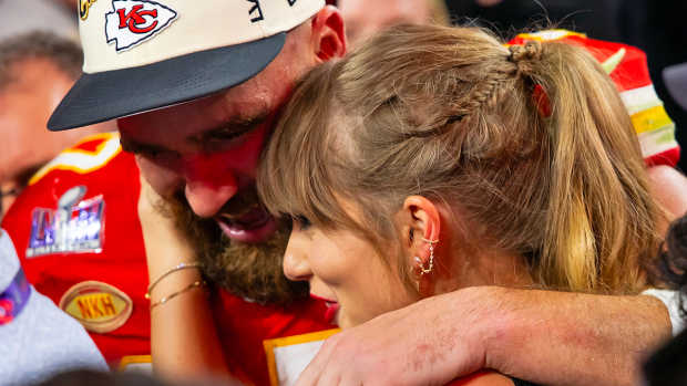 Kansas City Chiefs TE Travis Kelce celebrates with girlfriend Taylor Swift after defeating the San Francisco 49ers in Super Bowl LVIII.