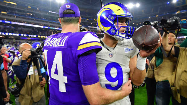 Vikings Sam Darnold and Rams Matthew Stafford meet up after their Week 8 game.