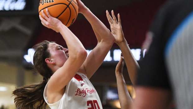 Texas Tech's Bailey Maupin shoots against TCU in a Big 12 women's basketball game Saturday, Jan. 11, 2025, at United Supermarkets Arena.  