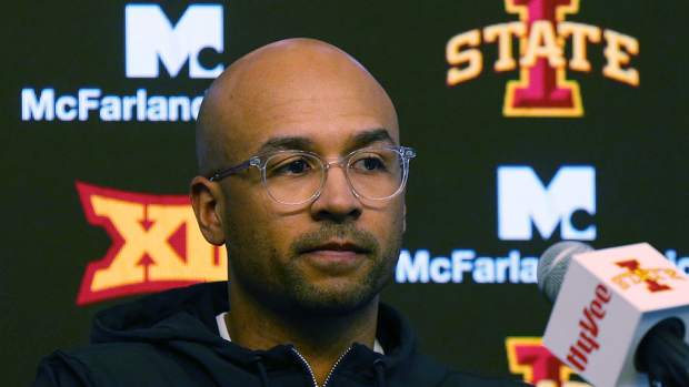 Iowa State's wide receiver coach Noah Pauley talks to the media at the school football facility on Wednesday, April 10, 2024, in Ames, Iowa.