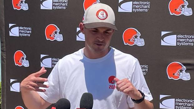 Cleveland Browns pass game specialist and tight ends coach Tommy Rees addresses media June 13 during mandatory minicamp at team headquarters in Berea, Ohio.  