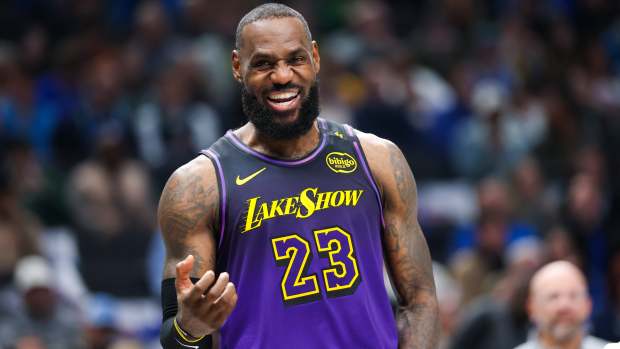 Los Angeles Lakers forward LeBron James (23) laughs during the first half against the Dallas Mavericks at American Airlines Center. Mandatory Credit: Kevin Jairaj-Imagn Images