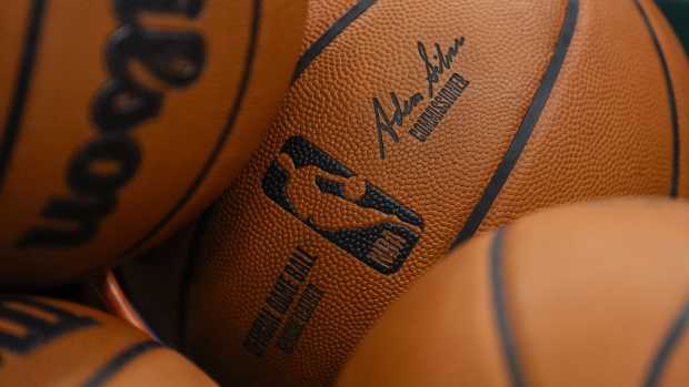 A general view of official NBA basketballs is seen prior to the game between the Detroit Pistons and Milwaukee Bucks at Fiserv Forum on Nov. 13, 2024.