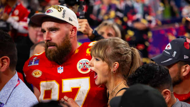 Kansas City Chiefs tight end Travis Kelce celebrates the 2024 Super Bowl win with girlfriend Taylor Swift.