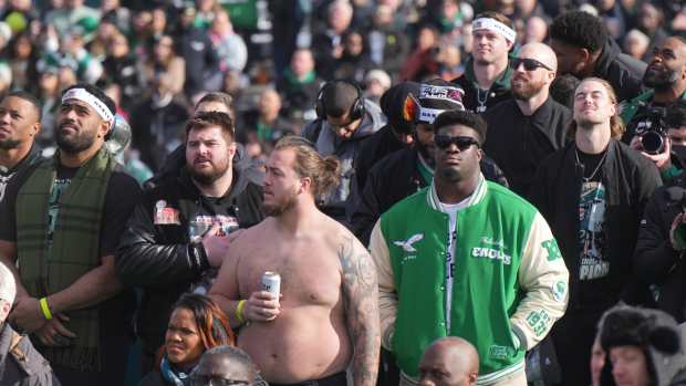 Feb 14, 2025; Philadelphia, PA, USA; Philadelphia Eagles players including Jordan Mailata (68) Landon Dickerson (69) Nick Gates (61) and Jordan Davis (90) during the Super Bowl LIX championship parade and rally. Mandatory Credit: Kirby Lee-Imagn Images  