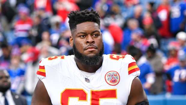 Kansas City Chiefs guard Trey Smith (65) leaves the field after warm ups before a game against the Buffalo Bills at Highmark Stadium.