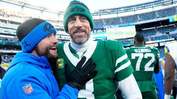 Los Angles Rams Head Coach Sean. McVay is shown with New York Jets quarterback Aaron Rodgers (8) after the game, Sunday, December 22, 2024, in East Rutherford