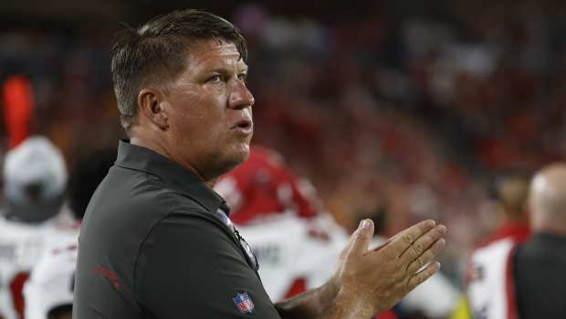 Aug 14, 2021; Tampa, Florida, USA; Tampa Bay Buccaneers general manager Jason Licht during the second quarter against the Cincinnati Bengals at Raymond James Stadium.