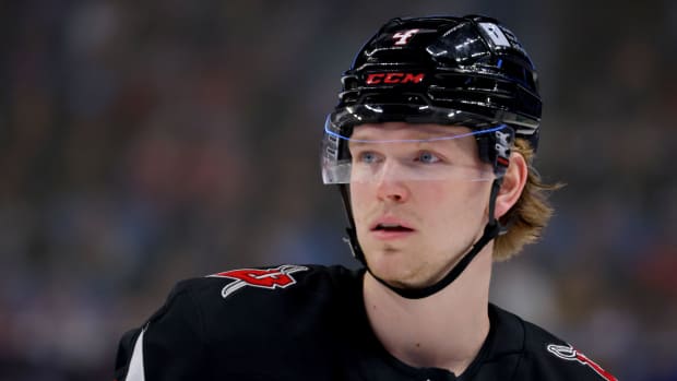 Buffalo Sabres defenseman Bowen Byram (4) during a stoppage in play against the Detroit Red Wings.