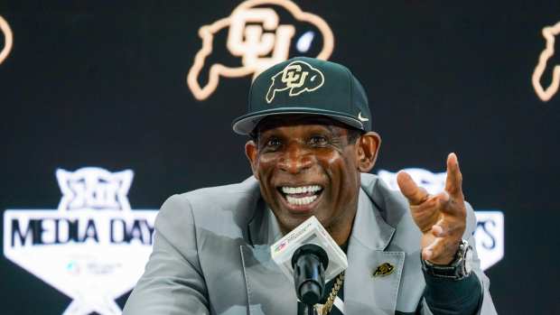 Jul 9, 2025; Frisco, TX, USA; Colorado head coach Deion Sanders speaks with the media during 2025 Big 12 Football Media Days at The Star. Mandatory Credit: Raymond Carlin III-Imagn Images