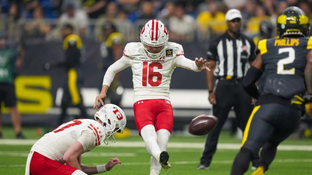 Mar 31, 2024; San Antonio, TX, USA; DC Defenders kicker Matt McCrane (16) kicks a field goal from the hold of punter Paxton Brooks (47) in the first half against the San Antonio Brahmas at The Alamodome. Mandatory Credit: Daniel Dunn-USA TODAY Sports