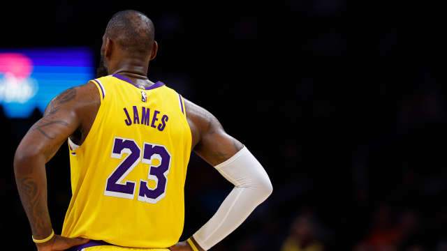 LeBron James of the Lakers looks at the action on the court.