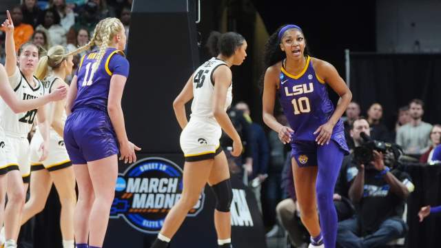 LSU Lady Tigers forward Angel Reese (10) reacts in the third quarter against the Iowa Hawkeyes in the finals of the Albany Regional in the 2024 NCAA Tournament at MVP Arena.