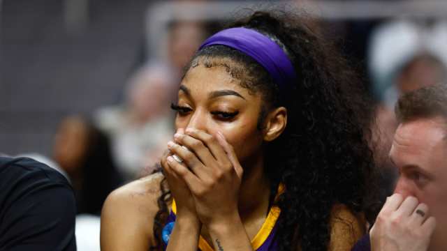 LSU Lady Tigers forward Angel Reese (10) reacts on the bench in the fourth quarter against the Iowa Hawkeyes in the finals of the Albany Regional in the 2024 NCAA Tournament at MVP Arena.