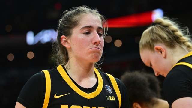 Iowa Hawkeyes guard Kate Martin (20) reacts after the game against the South Carolina Gamecocks in the finals of the Final Four of the womens 2024 NCAA Tournament at Rocket Mortgage FieldHouse.