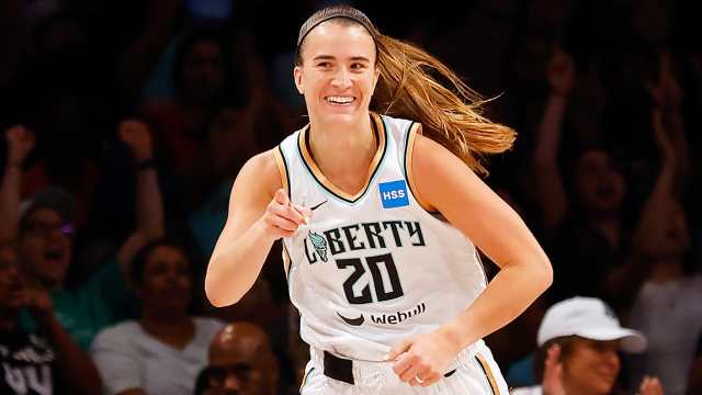 Sabrina Ionescu of the New York Liberty celebrates her fourth quarter 3-pointer against the Los Angeles Sparks at Barclays Center on September 7, 2023, in Brooklyn. The Liberty defeated the Sparks, 96-89.