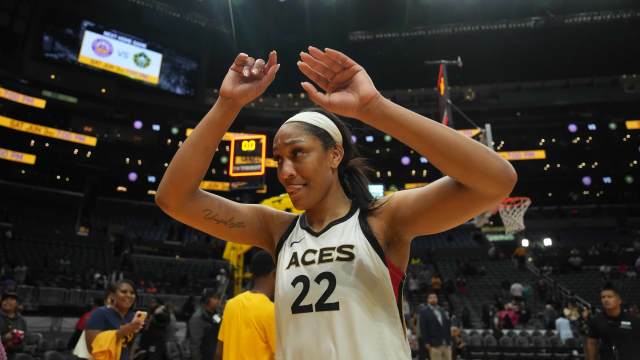 May 25, 2023; Los Angeles, California, USA; Las Vegas Aces forward A'ja Wilson (22) celebrates after the game against the LA Sparks at Crypto.com Arena.