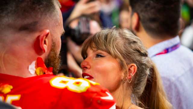 Kansas City Chiefs tight end Travis Kelce (87) celebrates with girlfriend Taylor Swift after defeating the San Francisco 49ers in Super Bowl LVIII at Allegiant Stadium.