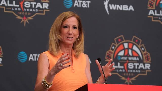 WNBA commissioner Cathy Engelbert answers questions during a press conference prior to the 2023 WNBA All-Star Game at Michelob Ultra Arena.