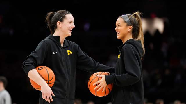 Jan 21, 2024; Columbus, Ohio, USA; Iowa Hawkeyes guard Caitlin Clark, left, warms up with guard Gabbie Marshall prior to the NCAA women s basketball game against the Ohio State Buckeyes at Value City Arena.  