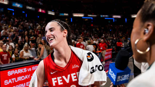 Indiana Fever guard Caitlin Clark smiles during an interview on July 6, 2024 at Gainbridge Fieldhouse in Indianapolis.