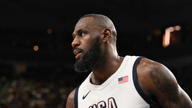 Jul 10, 2024; Las Vegas, Nevada, USA; USA forward Lebron James (6) looks on during the third quarter against Canada in the USA Basketball Showcase at T-Mobile Arena. 