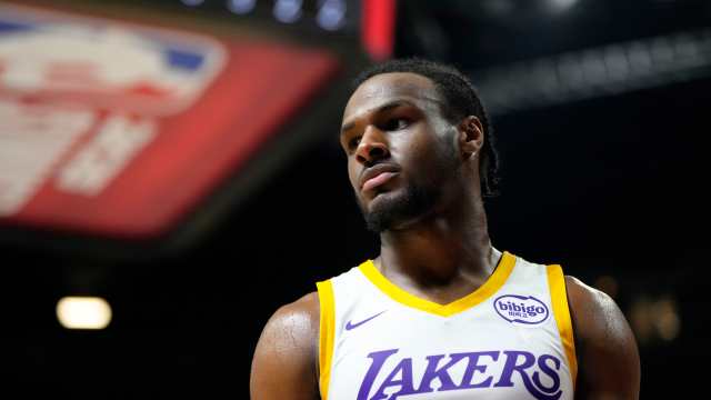 Jul 15, 2024; Las Vegas, NV, USA; Los Angeles Lakers guard Bronny James (9) competes against the Boston Celtics during the second half at Thomas & Mack Center. 