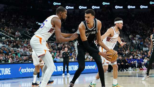 San Antonio Spurs center Victor Wembanyama (1) faces off against Phoenix Suns forward Kevin Durant (35).