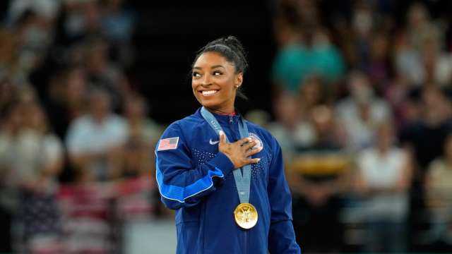 Simone Biles after the gymnastics vault finals during the Paris 2024 Olympic Summer Games on August 3, 2024.