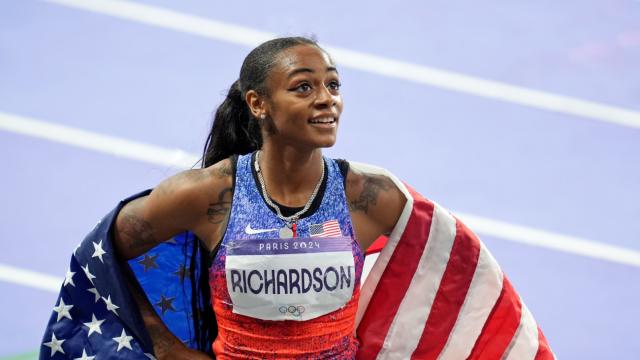 Sha'carri Richardson (USA) reacts after finishing in second in the womenís 100m final during the Paris 2024 Olympic Summer Games at Stade de France.