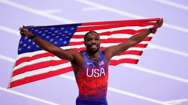 Noah Lyles of Team USA celebrates after winning the men’s 100 meters final at the Paris Olympics on Aug. 4, 2024.