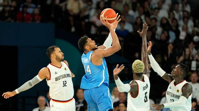 Greece small forward Giannis Antetokounmpo (34) shoots the ball against Germany during a menís basketball quarterfinal game during the Paris 2024 Olympic Summer Games at Accor Arena.