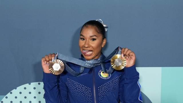 Aug 5, 2024; Paris, France; Jordan Chiles of the United States poses for a photo with her gold and bronze medasl after day three of the gymnastics event finals during the Paris 2024 Olympic Summer Games. Mandatory Credit: Kyle Terada-USA TODAY Sports  