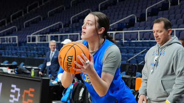 Albany, NY, USA; UCLA Bruins forward Angela Dugalic (32) shoots the ball during practice prior to their NCAA Tournament Sweet 16 game at MVP Arena - Gregory Fisher-USA TODAY Sports