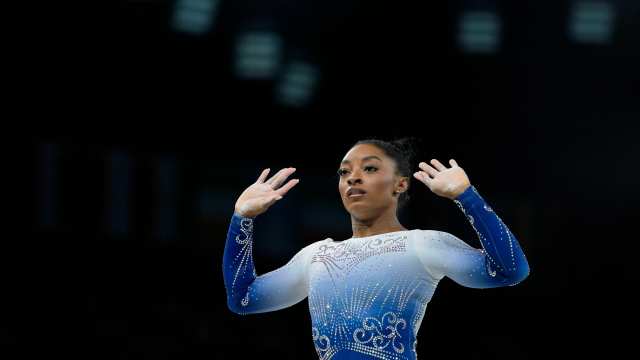 Simone Biles of the United States competes on the beam on day three of the gymnastics event finals during the Paris 2024 Olympic Summer Games.