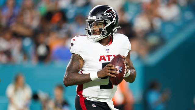 Aug 9, 2024; Miami Gardens, Florida, USA; Atlanta Falcons quarterback Michael Penix Jr. (9) drops back to pass against the Miami Dolphins in the second quarter during preseason at Hard Rock Stadium.