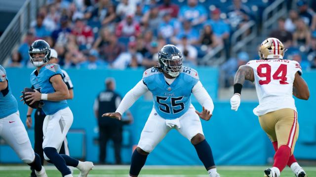 Tennessee Titans offensive tackle JC Latham (55) takes on San Francisco 49ers defensive end Yetur Gross-Matos (94) to give quarterback Will Levis (8) time to throw during their first preseason game of the 2024-25 season at Nissan Stadium Saturday, Aug. 10, 2024.