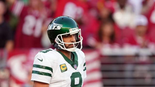 New York Jets quarterback Aaron Rodgers (8) stands on the field during the second quarter against the San Francisco 49ers at Levi's Stadium.