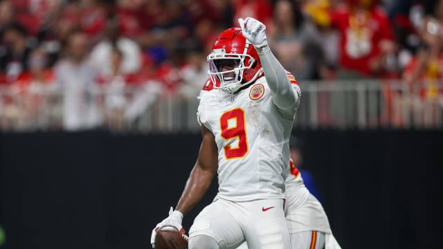 Kansas City Chiefs wide receiver JuJu Smith-Schuster celebrates after a touchdown catch against the Atlanta Falcons.