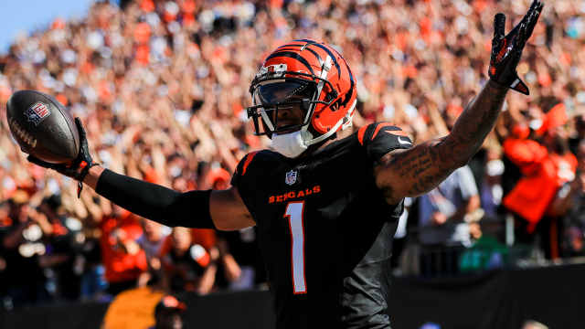 Cincinnati Bengals wide receiver Ja'Marr Chase (1) reacts after scoring a touchdown against the Baltimore Ravens in the first half at Paycor Stadium.