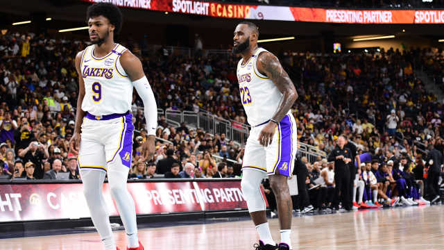 Bronny James and LeBron James of the Los Angeles Lakers