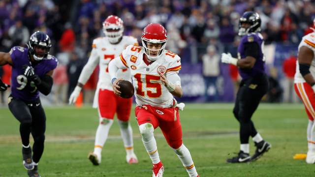 Jan 28, 2024; Baltimore, Maryland, USA; Kansas City Chiefs quarterback Patrick Mahomes (15) runs with the ball against the Baltimore Ravens during the second half in the AFC Championship football game at M&T Bank Stadium. Mandatory Credit: Geoff Burke-USA TODAY Sports  