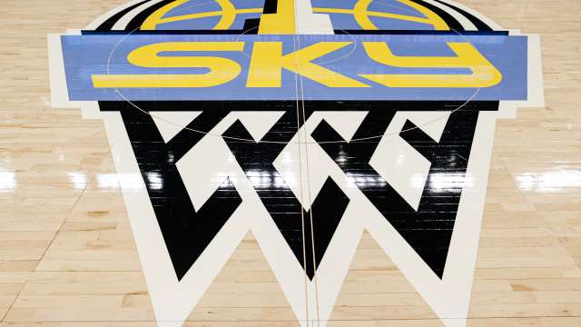 The Chicago Sky logo at halfcourt of Wintrust Arena in Chicago, Illinois.
