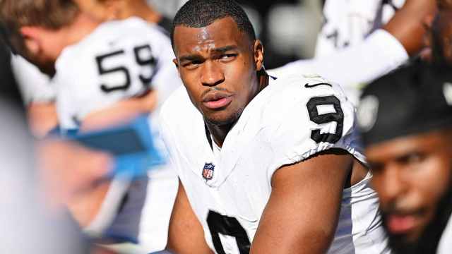 Las Vegas Raiders DE Tyree Wilson takes a rest during an October 2023 contest vs. the Chicago Bears.