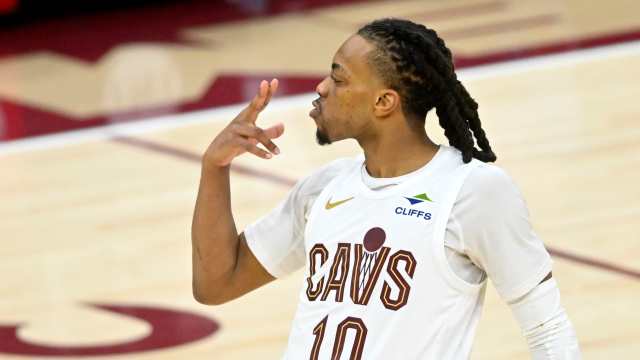 Cleveland Cavaliers guard Darius Garland (10) celebrates after making a three-point basket in the fourth quarter at Rocket Arena.